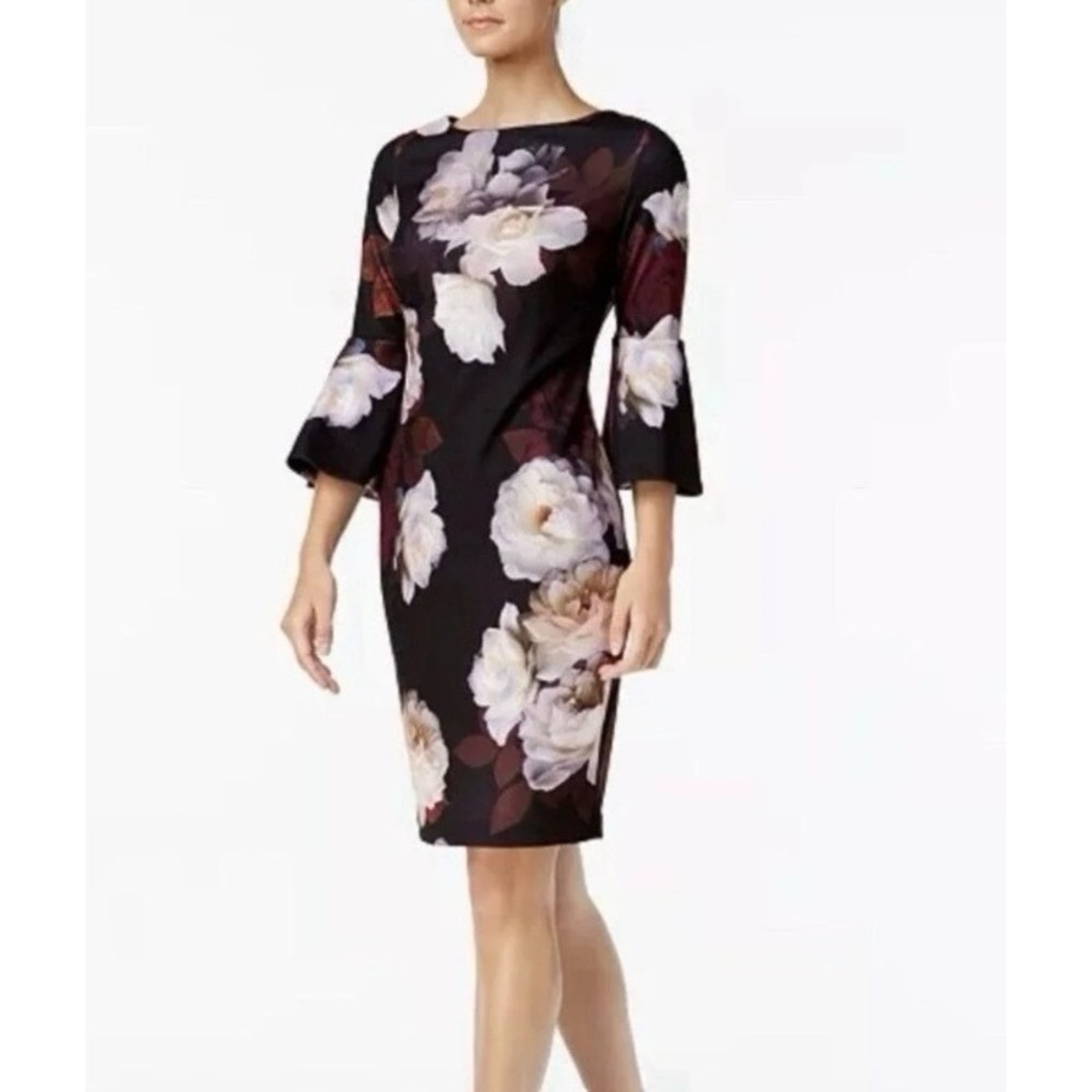 Calvin Klein Dark Floral Bell Sleeve Sheath Dress 6 Party Career Classic Party